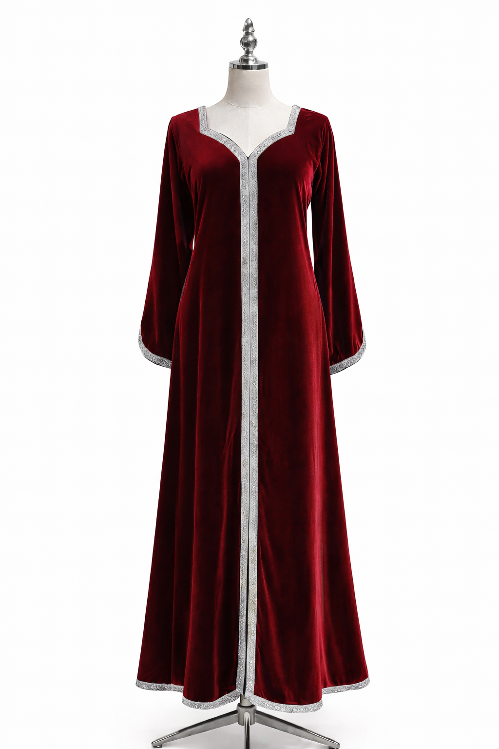 Red velvet dress on a mannequin against a white background