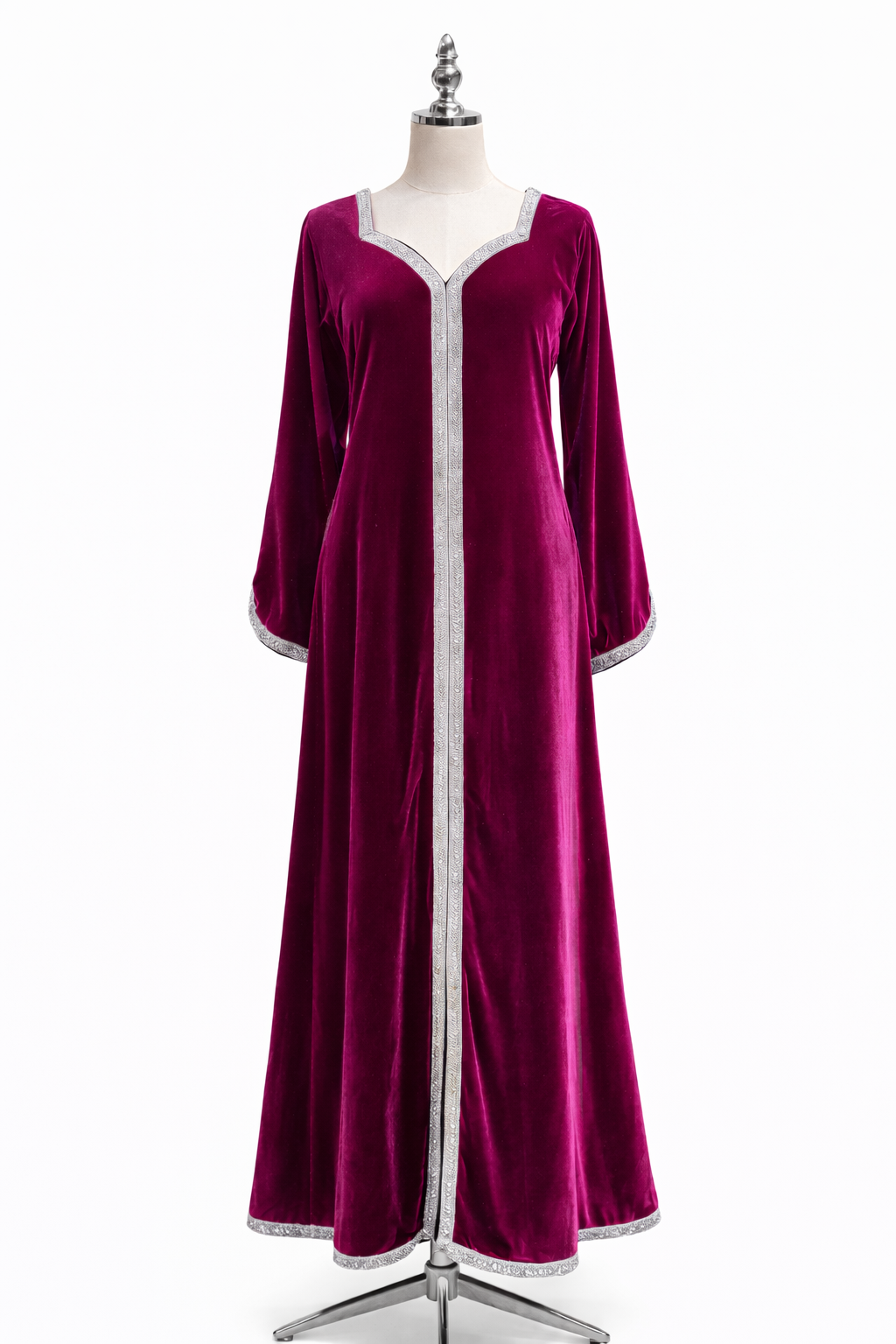 Purple velvet dress on a mannequin against a white background